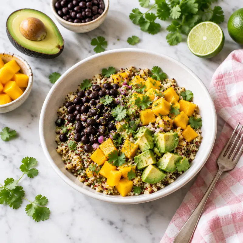 Mango-Avocado Quinoa Bowl with Black Beans, plated