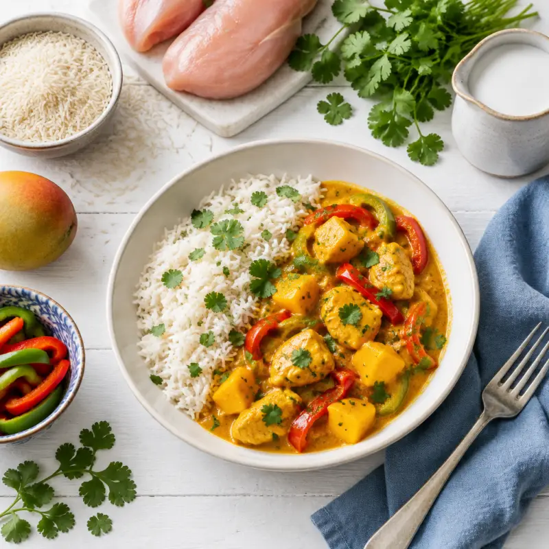 Mango Chicken Curry with Bell Pepper & Basmati Rice, plated
