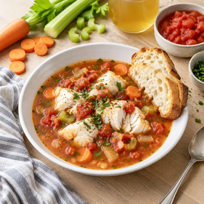 Manhattan Fish Chowder with Halibut & Crusty Bread, plated
