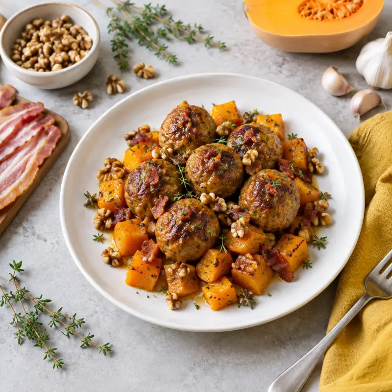 Maple Bacon Turkey Meatballs with Butternut Squash & Spiced Walnuts, plated