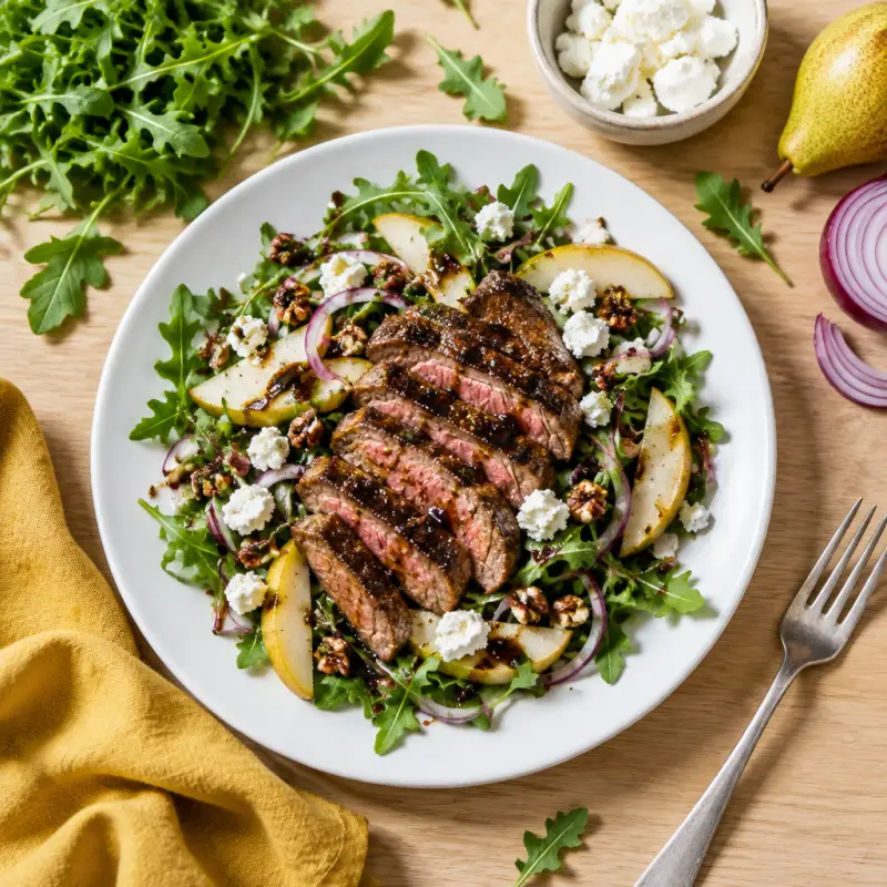 Maple Balsamic Steak with Pear, Arugula & Goat Cheese Salad, plated