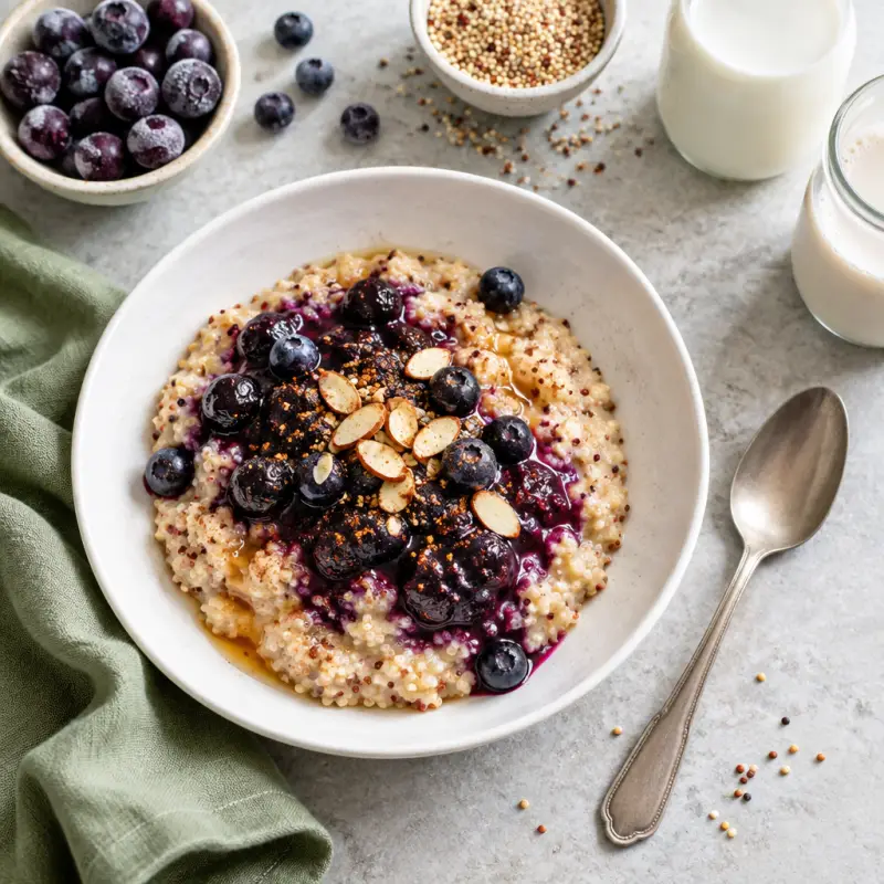 Maple Cinnamon Quinoa Porridge with Blueberry Compote, plated