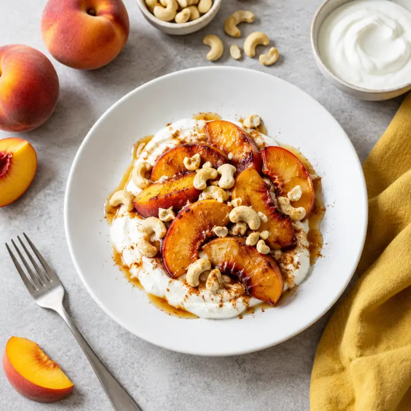 Maple-Cinnamon Roasted Peach & Cashew Yogurt Bowl, plated