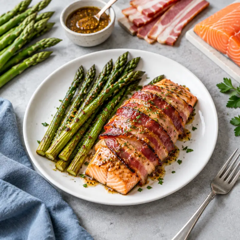 Maple Dijon Bacon-Wrapped Salmon with Roasted Asparagus, plated