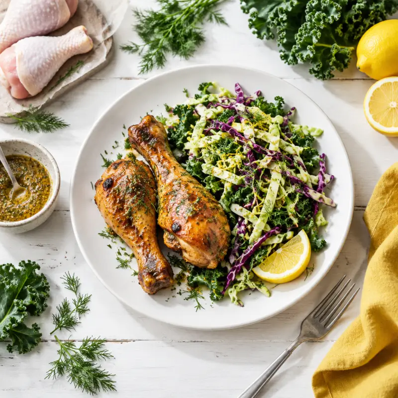 Maple-Dijon Chicken Drumsticks with Lemony Dill, Kale & Cabbage Slaw, plated