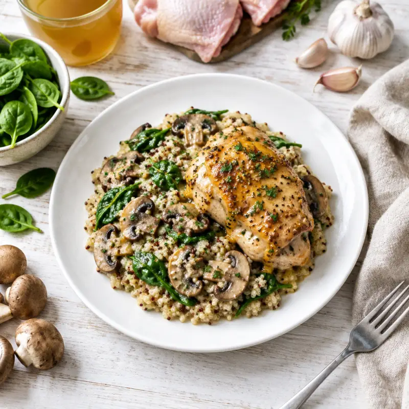 Maple Dijon Chicken with Mushroom & Quinoa Risotto, plated