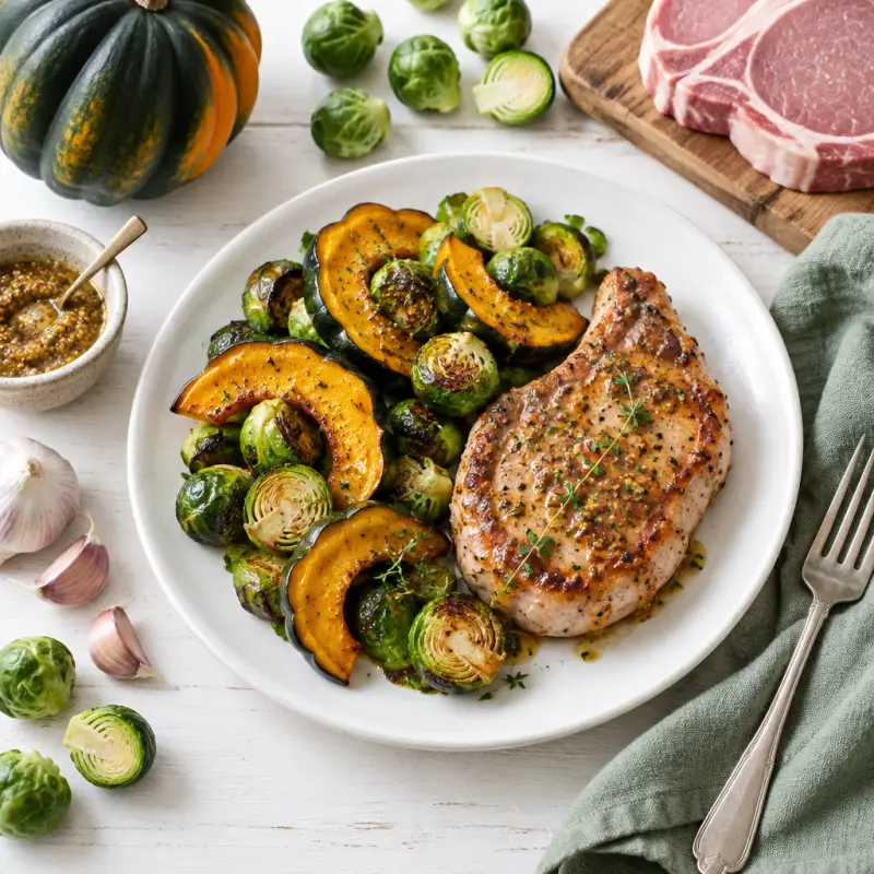 Maple-Dijon Pork Chops with Acorn Squash & Brussels Sprouts, plated