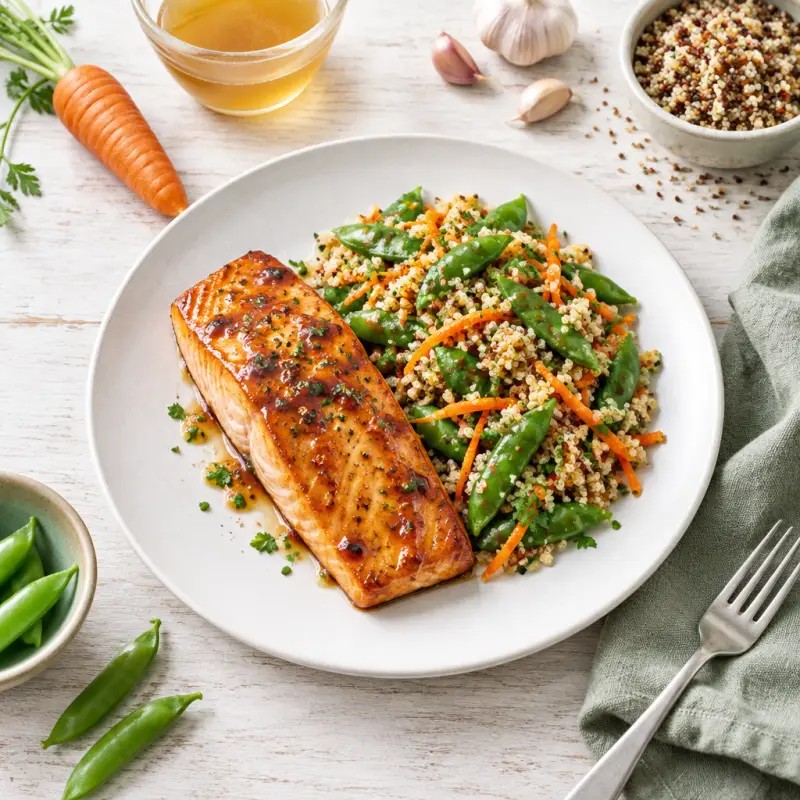 Maple Glazed Salmon with Sugar Snap Pea, Carrot & Quinoa Salad, plated