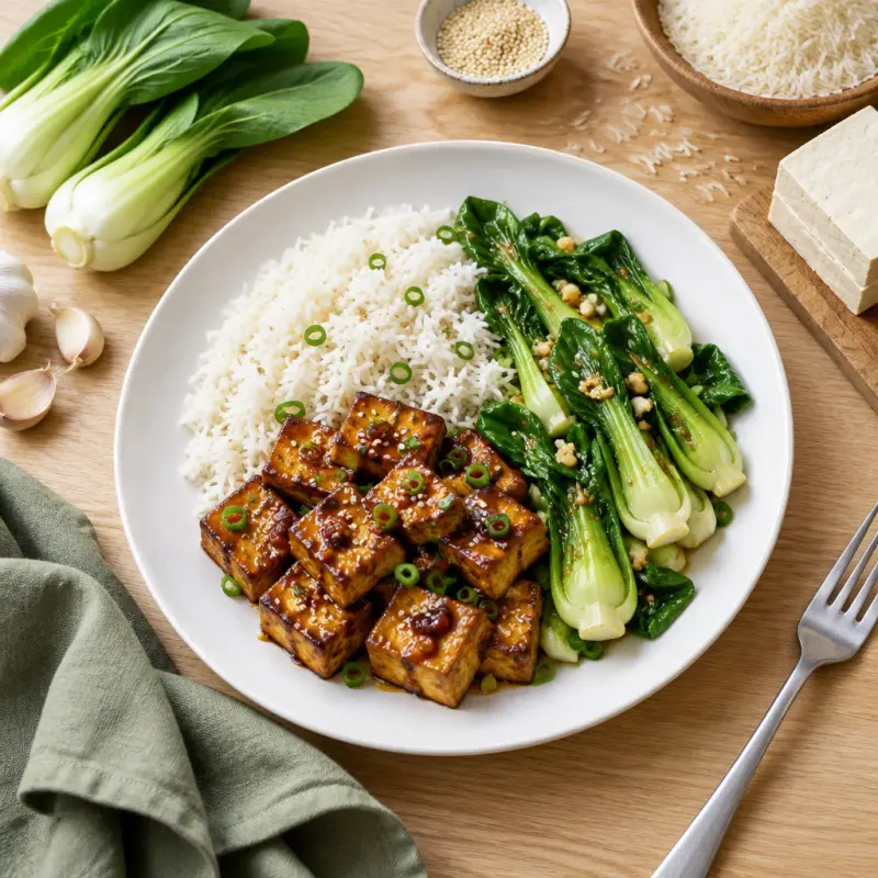 Maple Glazed Tofu with Garlic Sautéed Bok Choy & Basmati Rice, plated