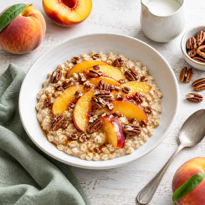 Maple-Pecan Oatmeal with Fresh Peaches, plated
