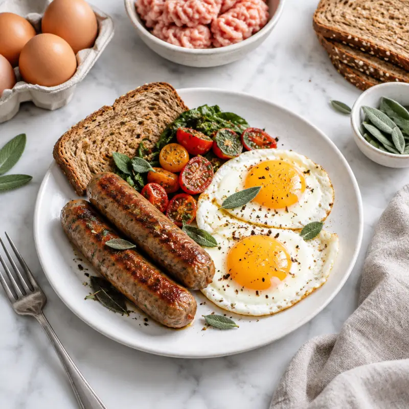 Maple Sage Turkey Sausages with Sunny-Side Up Eggs, plated
