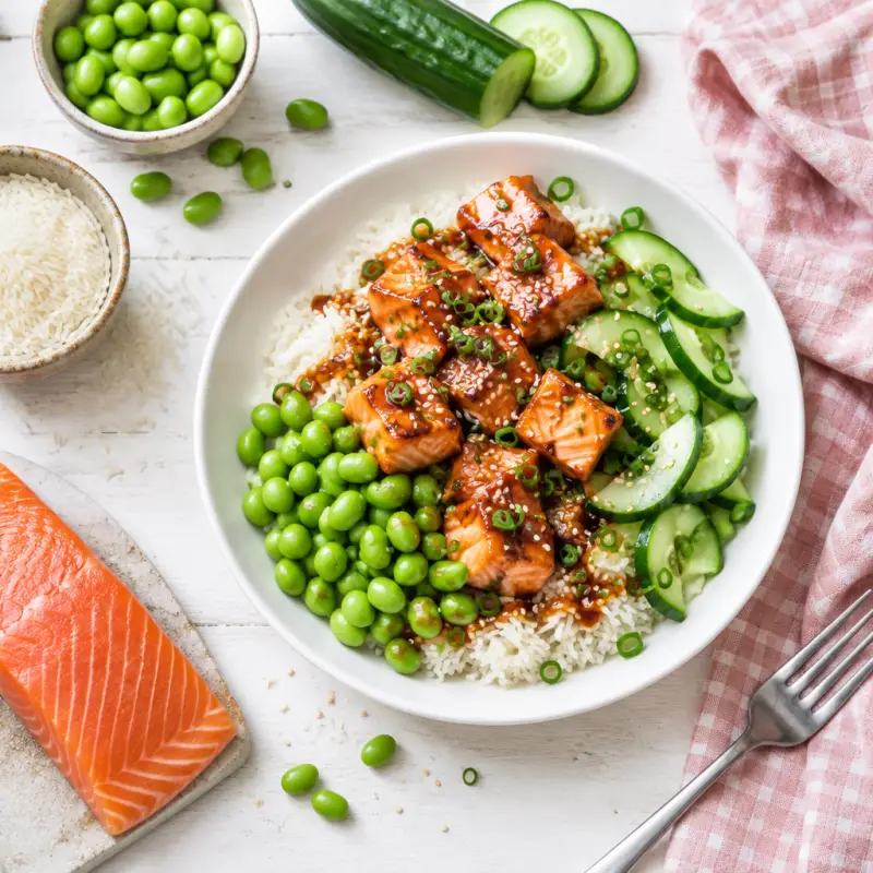 Maple-Teriyaki Salmon Sushi Bowls with Cucumber & Edamame, plated