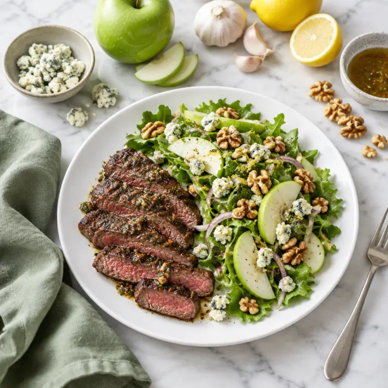 Marinated Steak with Crunchy Apple, Walnut & Blue Cheese Salad, plated