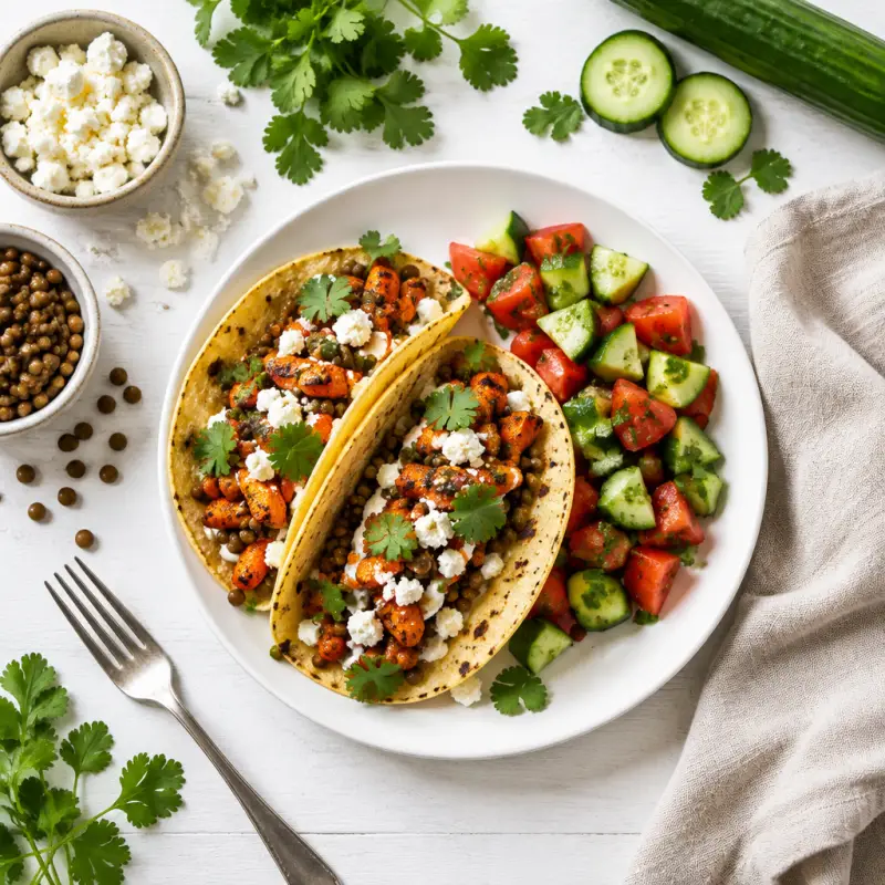 Masala Roasted Carrot, Lentil & Feta Tacos with Tomato-Cucumber Salad, plated