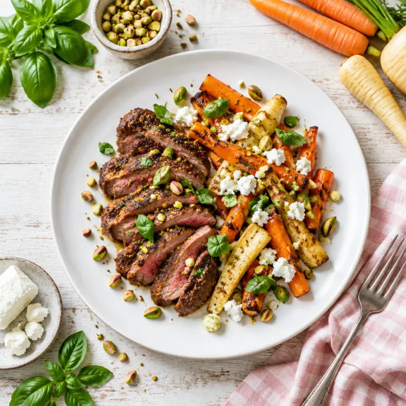 Masala Steak with Cardamom Root Veggies, Goat Cheese & Pistachios, plated
