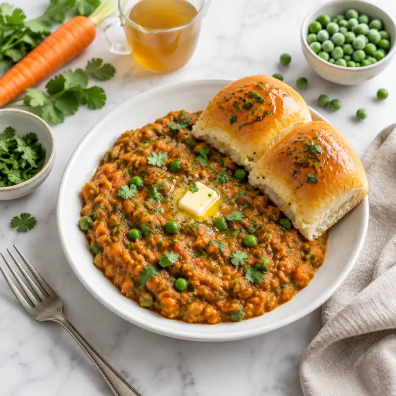 Mashed Indian Curry Vegetable Stew with Buttered Rolls (Pav Bhaji), plated
