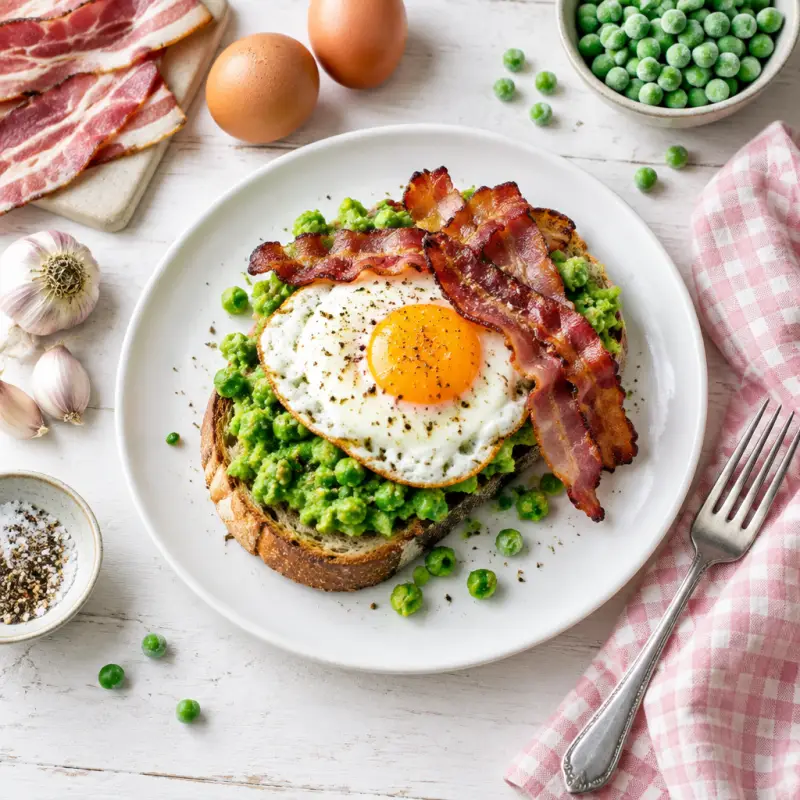 Mashed Peas on Toast with Fried Egg & Bacon, plated
