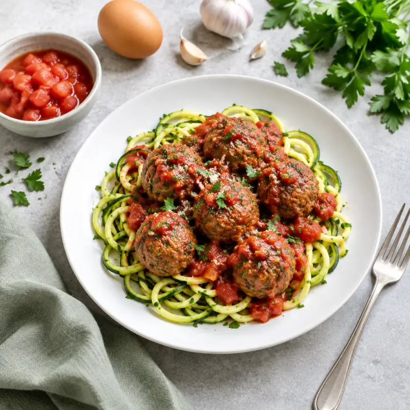 Meatballs & Tomato Sauce with Zucchini Spaghetti, plated