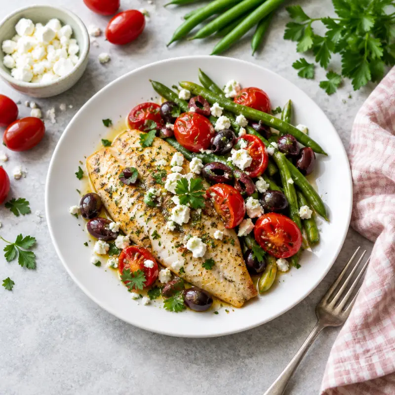 Mediterranean Baked Tilapia with Green Beans, Tomatoes & Black Olives, plated