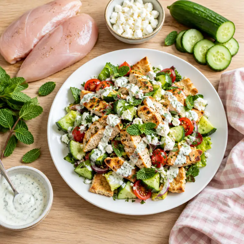 Mediterranean Chicken & Bread Salad (Fattoush) with Feta Dressing, plated