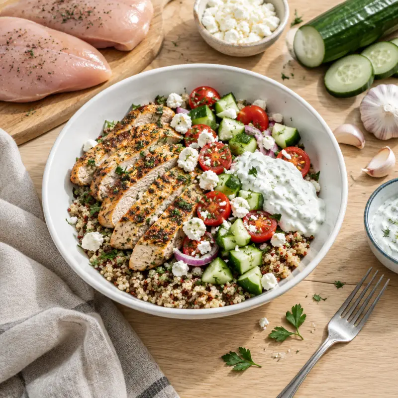 Mediterranean Chicken Quinoa Bowl with Feta & Tzatziki, plated