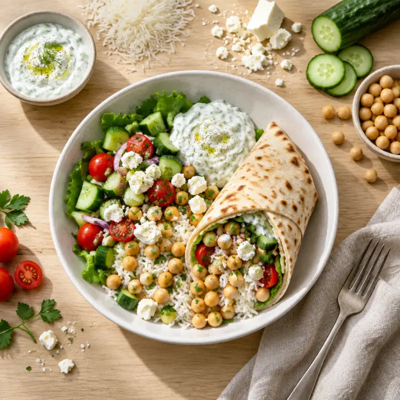 Mediterranean Chickpea-Rice Wrap with Tzatziki, Feta & Salad, plated