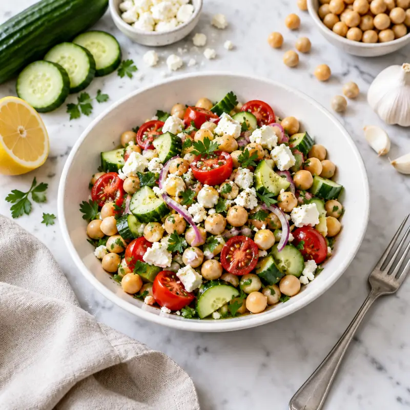 Mediterranean Chickpea Salad with Lemon Vinaigrette, plated