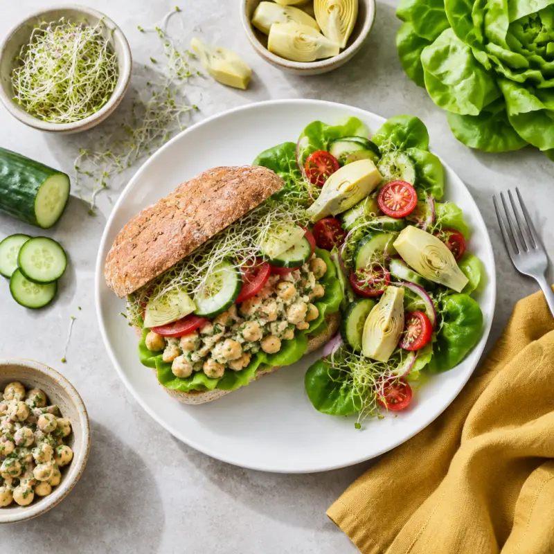 Mediterranean Chickpea Sandwich with Sprouts, Tomato & Side Salad, plated