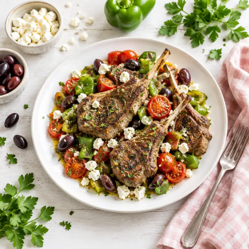 Mediterranean Lamb Chops with Tomatoes, Bell Pepper, Olives & Feta, plated