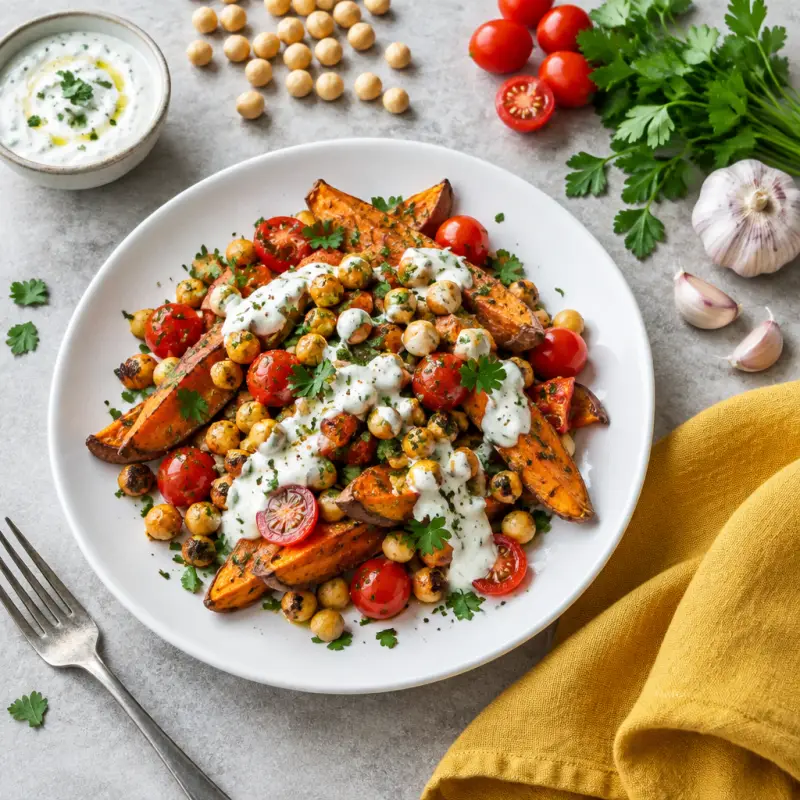 Mediterranean Sweet Potatoes with Chickpeas & Garlic-Yogurt Sauce, plated