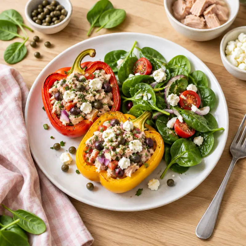 Mediterranean Tuna Stuffed Bell Peppers with Baby Spinach Salad, plated