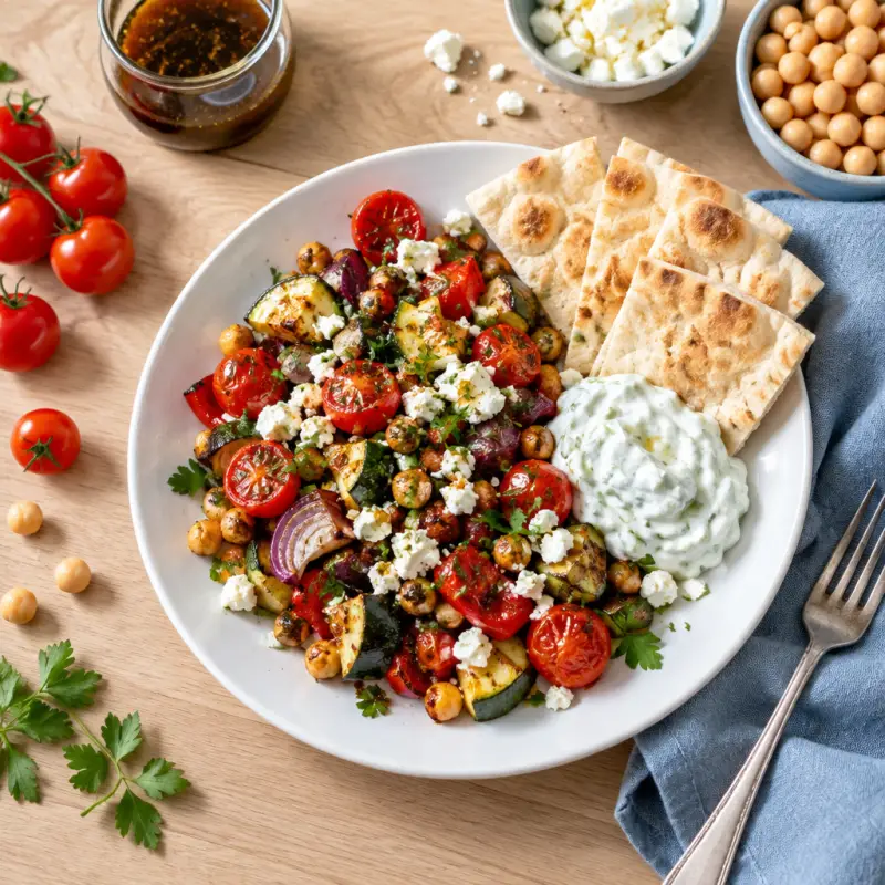 Mediterranean Veggie Chickpea Bake with Feta, Tzatziki & Pita, plated