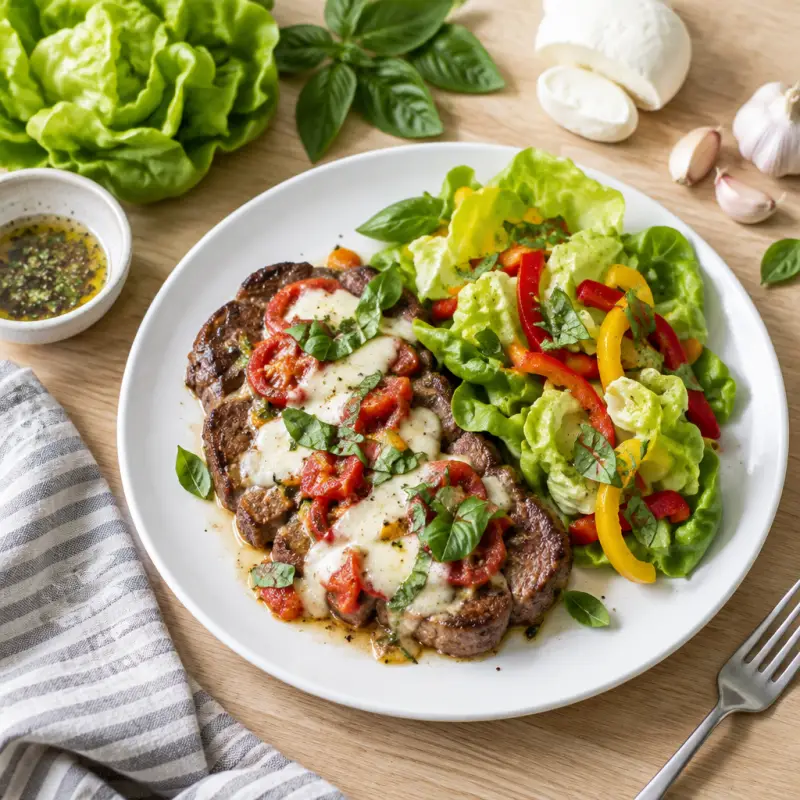 Melty Caprese Steak with Butter Lettuce, Bell Pepper & Basil Salad, plated