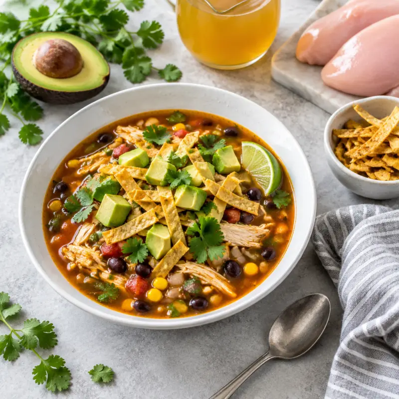 Mexican Chicken Soup with Avocado & Tortilla Crisps, plated