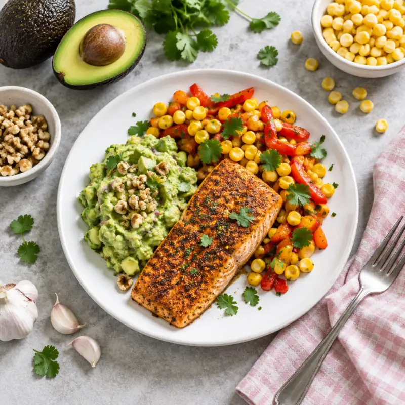Mexican Spiced Salmon with Walnut Guacamole & Bell Pepper-Corn Sauté, plated