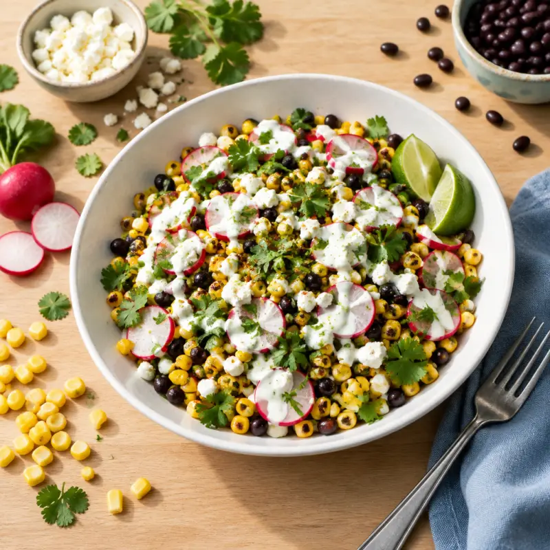 Mexican Street Corn Salad with Black Beans, Radish, Feta & Lime Crema, plated