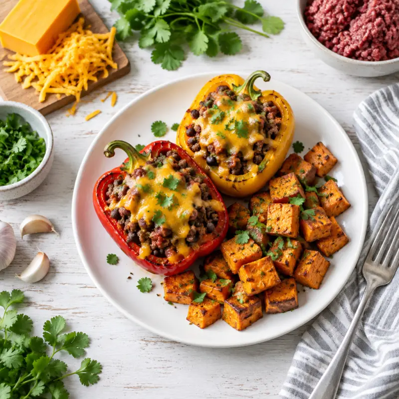 Mexican Stuffed Peppers with Roasted Sweet Potatoes, plated