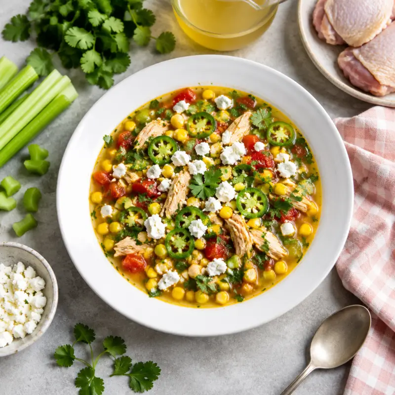 Mexican-Style Chicken, Corn, Jalapeño & Cilantro Soup with Feta, plated