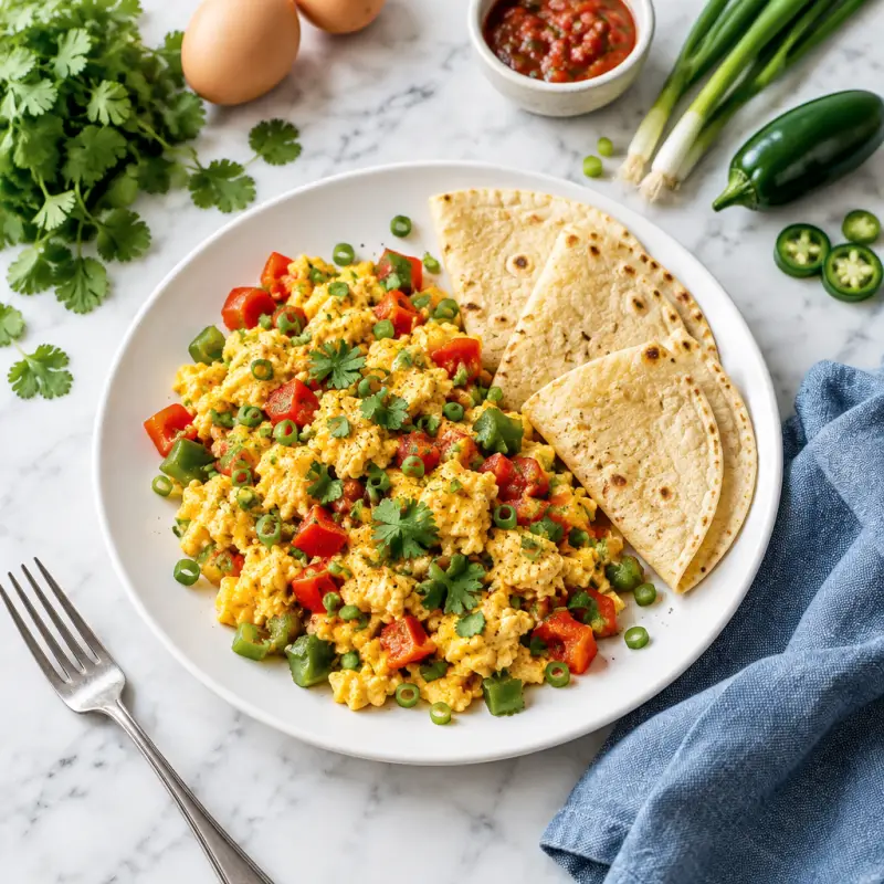 Mexican-Style Scrambled Eggs with Bell Pepper, Green Onion & Tortillas, plated