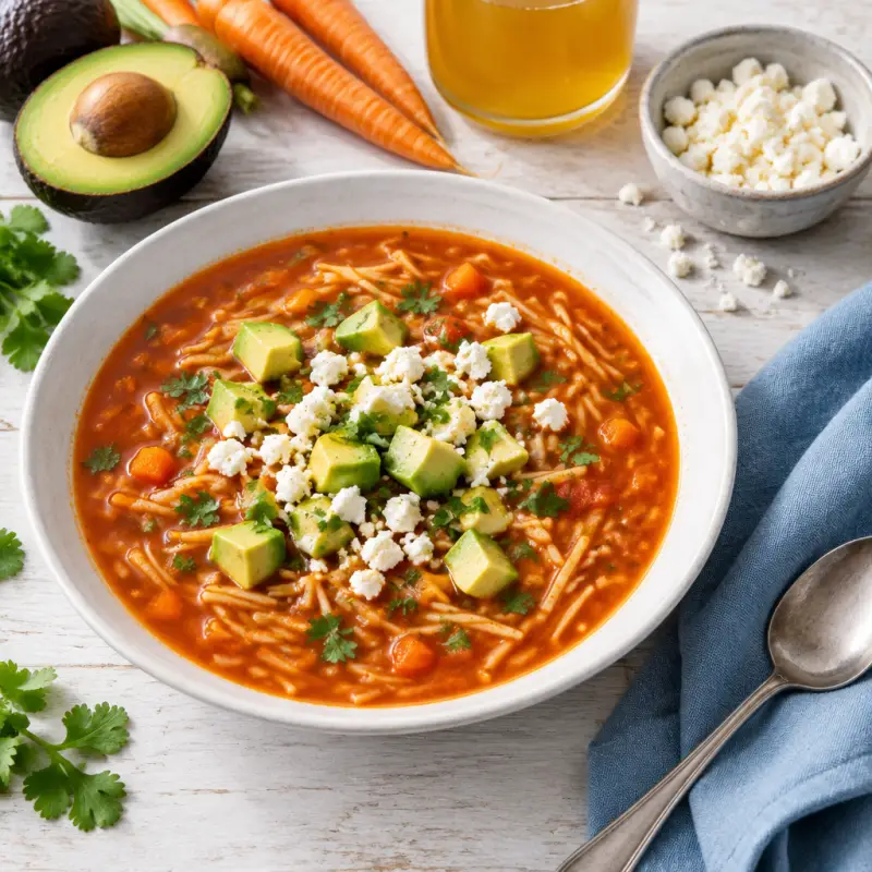 Mexican Tomato Soup (Sopa de Fideo) with Pasta, Avocado & Feta, plated