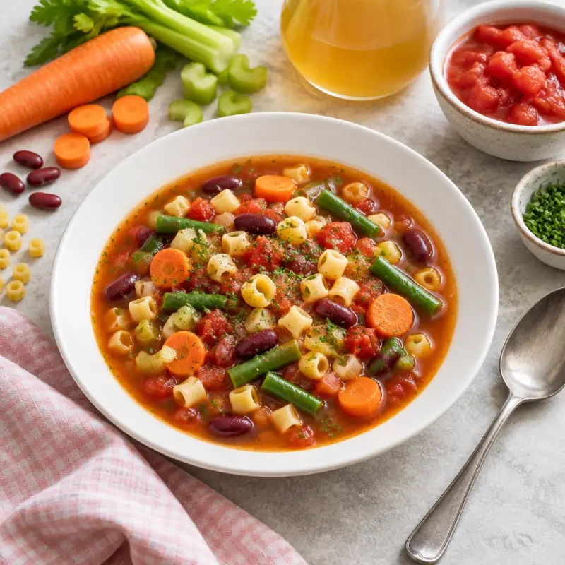 Minestrone Soup with Kidney Beans, Green Beans, Carrots & Pasta, plated