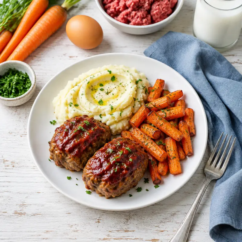Mini Glazed Meatloaves with Mashed Potatoes & Roasted Carrots, plated
