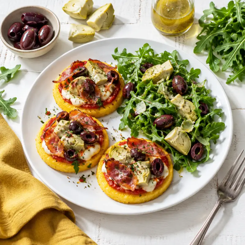 Mini Polenta Pizzas with Crispy Prosciutto & Italian Arugula Salad, plated