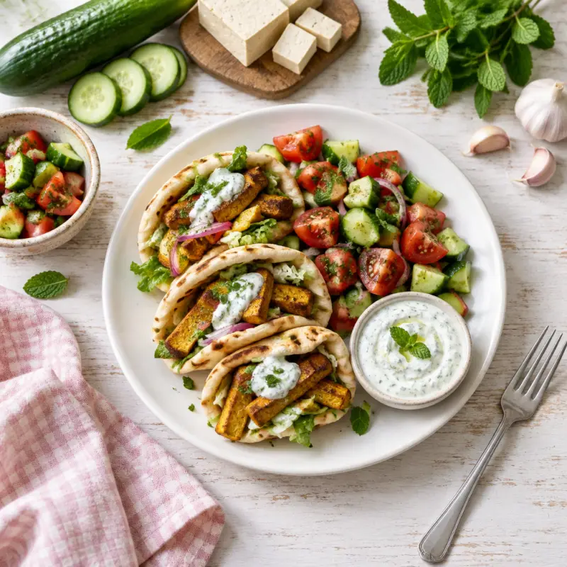 Mini Tofu Shawarma with Cucumber-Tomato Salad & Mint Yogurt, plated