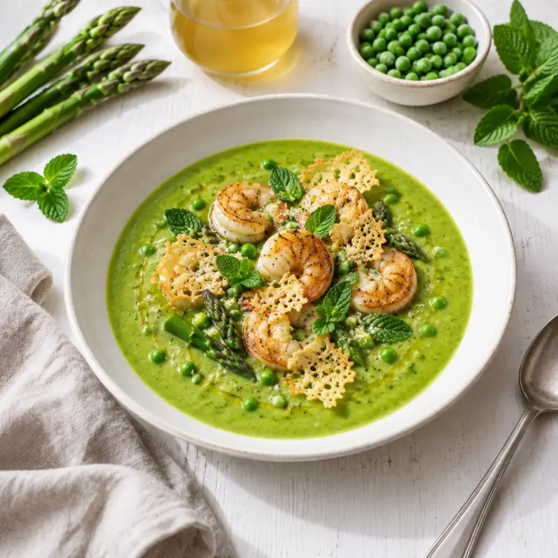 Minted Asparagus Pea Soup with Seared Shrimp & Parmesan Crisps, plated