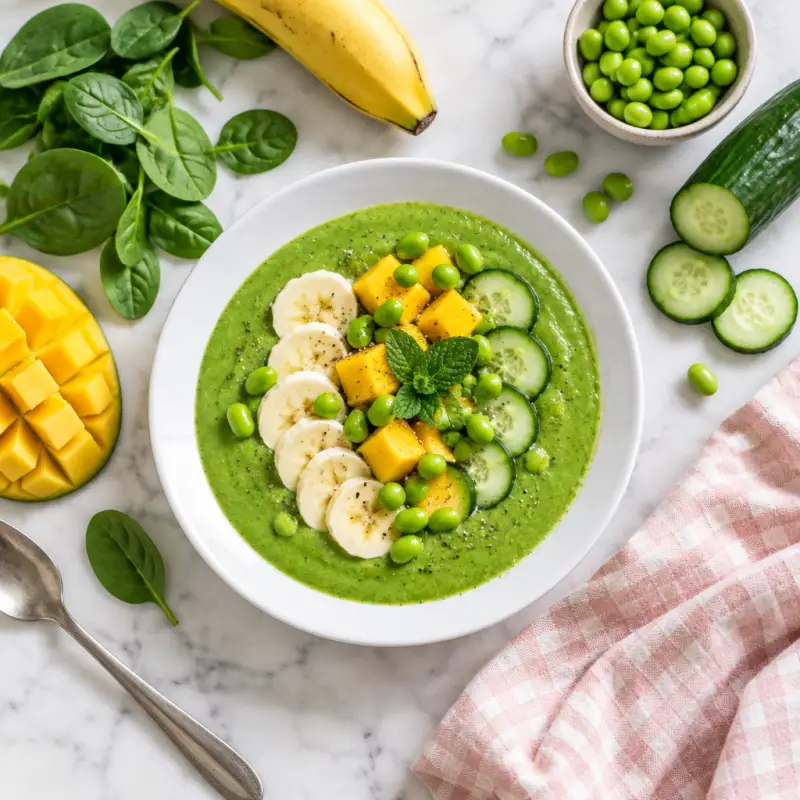 Minty Pear, Mango & Banana Green Smoothie, plated