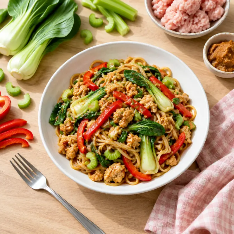 Miso-Hoisin Rice Noodles with Chicken, Bok Choy & Bell Pepper, plated