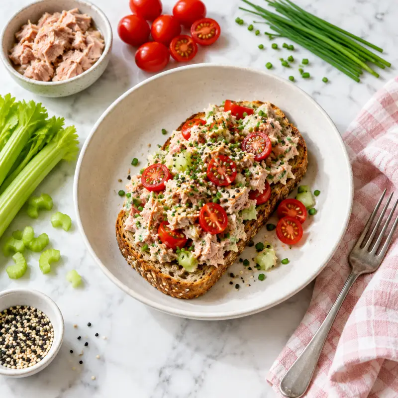 Miso Tuna Salad Toast with Tomato, Chives & Sesame Seeds, plated