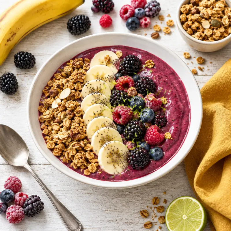 Mixed Berry-Lime Smoothie Bowl with Banana & Granola, plated