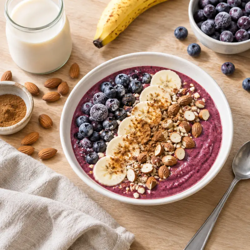 Mixed Berry Smoothie Bowl with Cinnamon & Almonds, plated